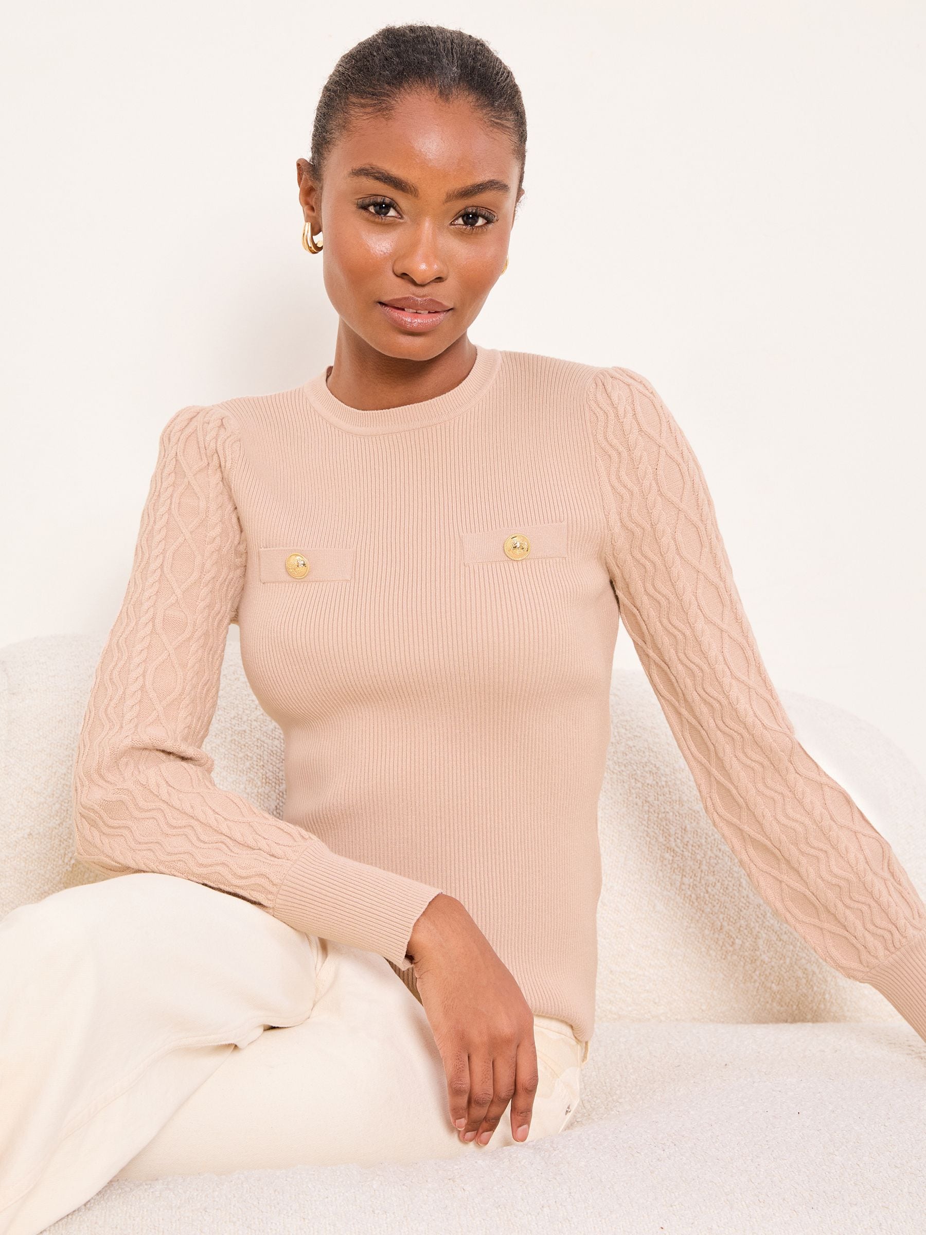 Buy Lipsy Camel Cable Knit Detail Sleeve Crew Neck Buttoned Jumper