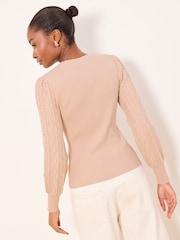 Lipsy Camel Cable Knit Detail Sleeve Crew Neck Buttoned Jumper - Image 4 of 4