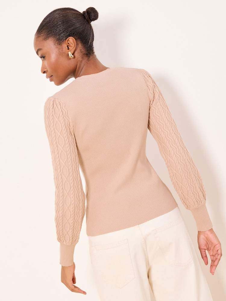 Lipsy Camel Cable Knit Detail Sleeve Crew Neck Buttoned Jumper - Image 4 of 4