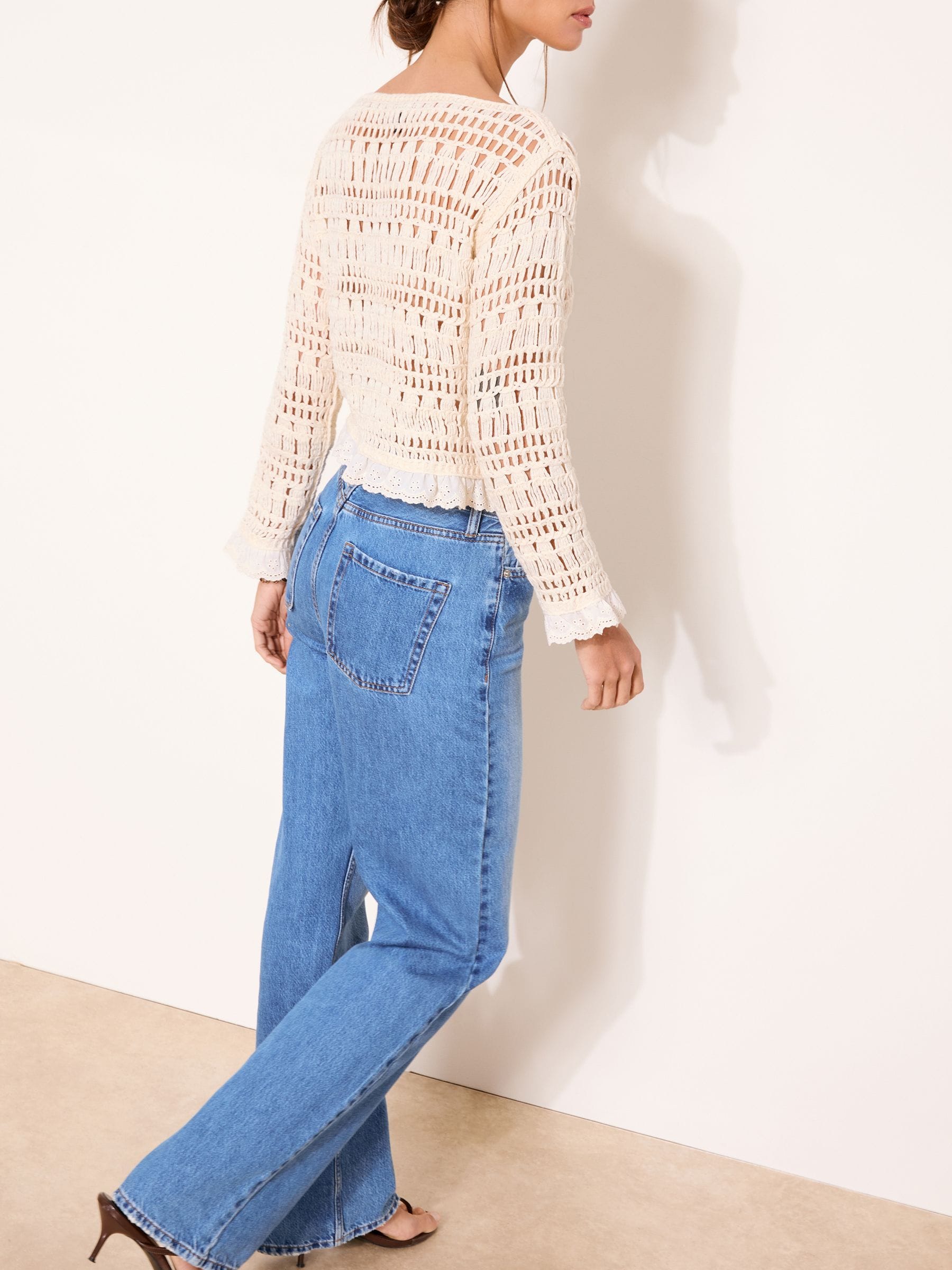 Buy Lipsy Cream Crochet Knit Boat Neck Broderie Long Sleeve Top