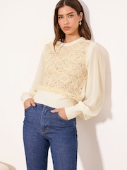 Lipsy Cream Chiffon Sleeve Mesh Pattern Detail Knitted Jumper - Image 1 of 4