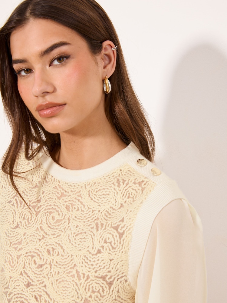 Lipsy Cream Chiffon Sleeve Mesh Pattern Detail Knitted Jumper - Image 2 of 4
