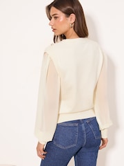 Lipsy Cream Chiffon Sleeve Mesh Pattern Detail Knitted Jumper - Image 4 of 4