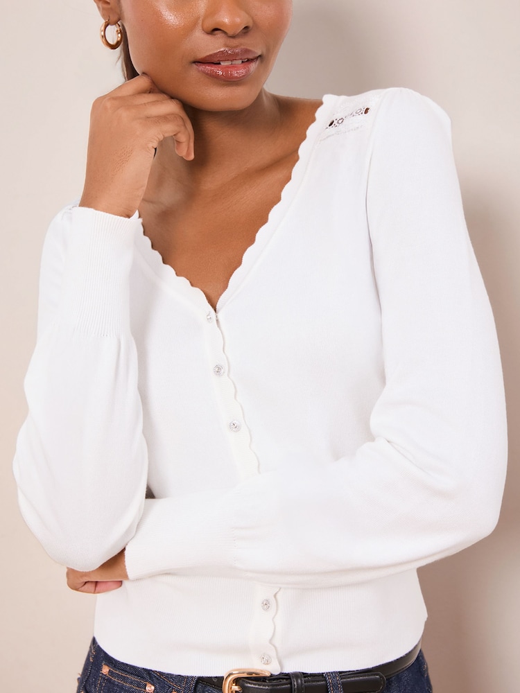 Lipsy White Lace Insert Detail V-Neck Long Sleeve Knitted Cardigan - Image 4 of 4