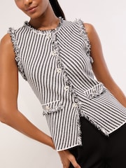 Lipsy Black/White Fringe Detail Longline Buttoned Stripe Smart Knitted Waistcoat - Image 2 of 5