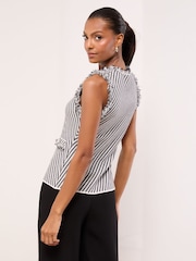 Lipsy Black/White Fringe Detail Longline Buttoned Stripe Smart Knitted Waistcoat - Image 5 of 5