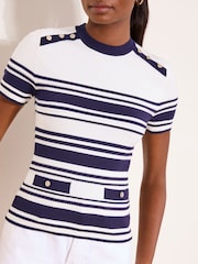 Lipsy Navy/White Stripe Buttoned Ribbed Crew Neck Short Sleeve Knit Top - Image 2 of 4
