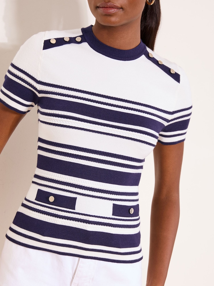 Lipsy Navy/White Stripe Buttoned Ribbed Crew Neck Short Sleeve Knit Top - Image 2 of 4