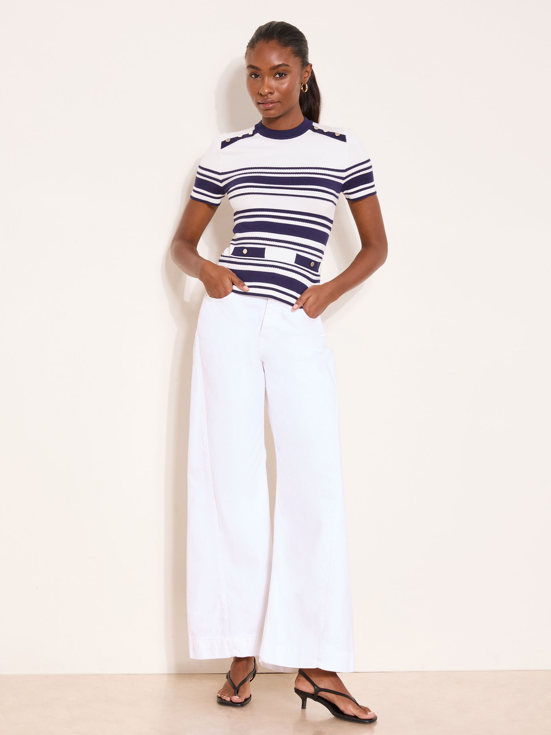 Buy Lipsy Navy/White Stripe Buttoned Ribbed Crew Neck Short Sleeve