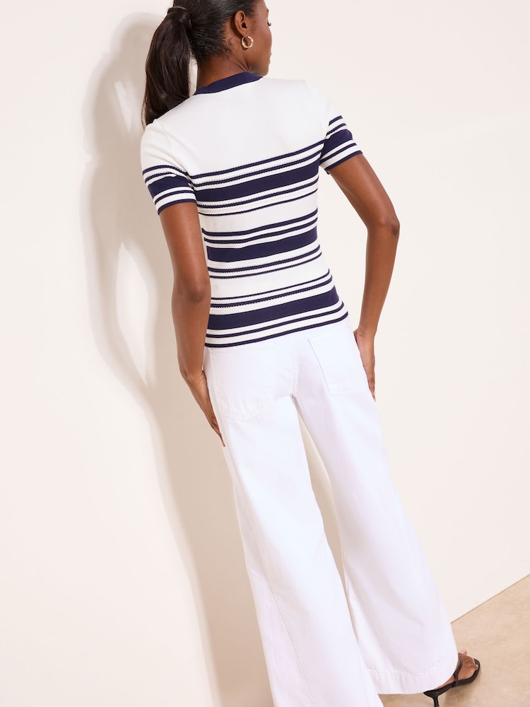 Lipsy Navy/White Stripe Buttoned Ribbed Crew Neck Short Sleeve Knit Top - Image 4 of 4