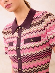 Lipsy Zig Zag Printed Metallic Collared Mock Button Knitted Top - Imaginea 2 din 4