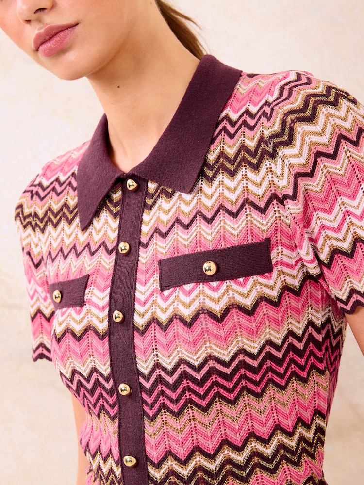 Lipsy Zig Zag Printed Metallic Collared Mock Button Knitted Top - Imaginea 2 din 4