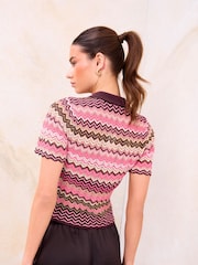 Lipsy Zig Zag Printed Metallic Collared Mock Button Knitted Top - Imaginea 3 din 4