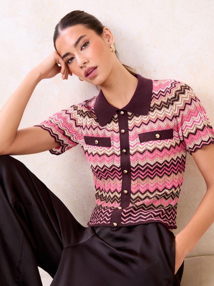 Lipsy Zig Zag Printed Metallic Collared Mock Button Knitted Top - Imaginea 4 din 4