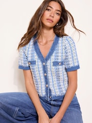 Lipsy Blue V-Neck Denim Tipped Boucle Short Sleeve Cardigan - Image 1 of 4