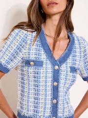 Lipsy Blue V-Neck Denim Tipped Boucle Short Sleeve Cardigan - Image 2 of 4