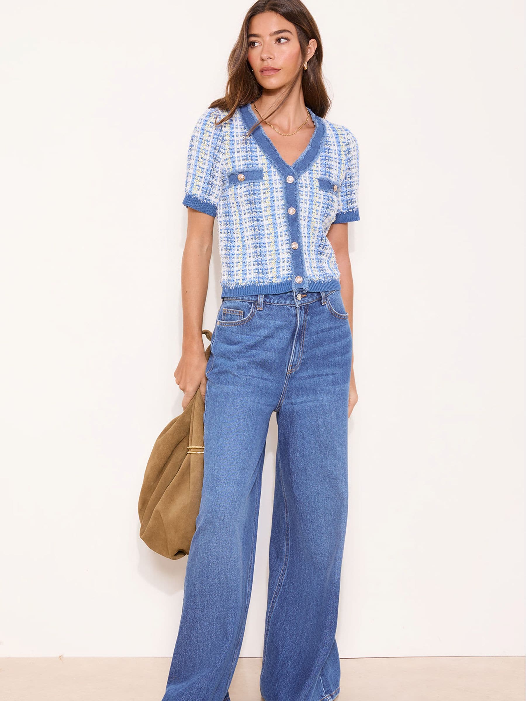 Buy Lipsy Blue V-Neck Denim Tipped Boucle Short Sleeve Cardigan
