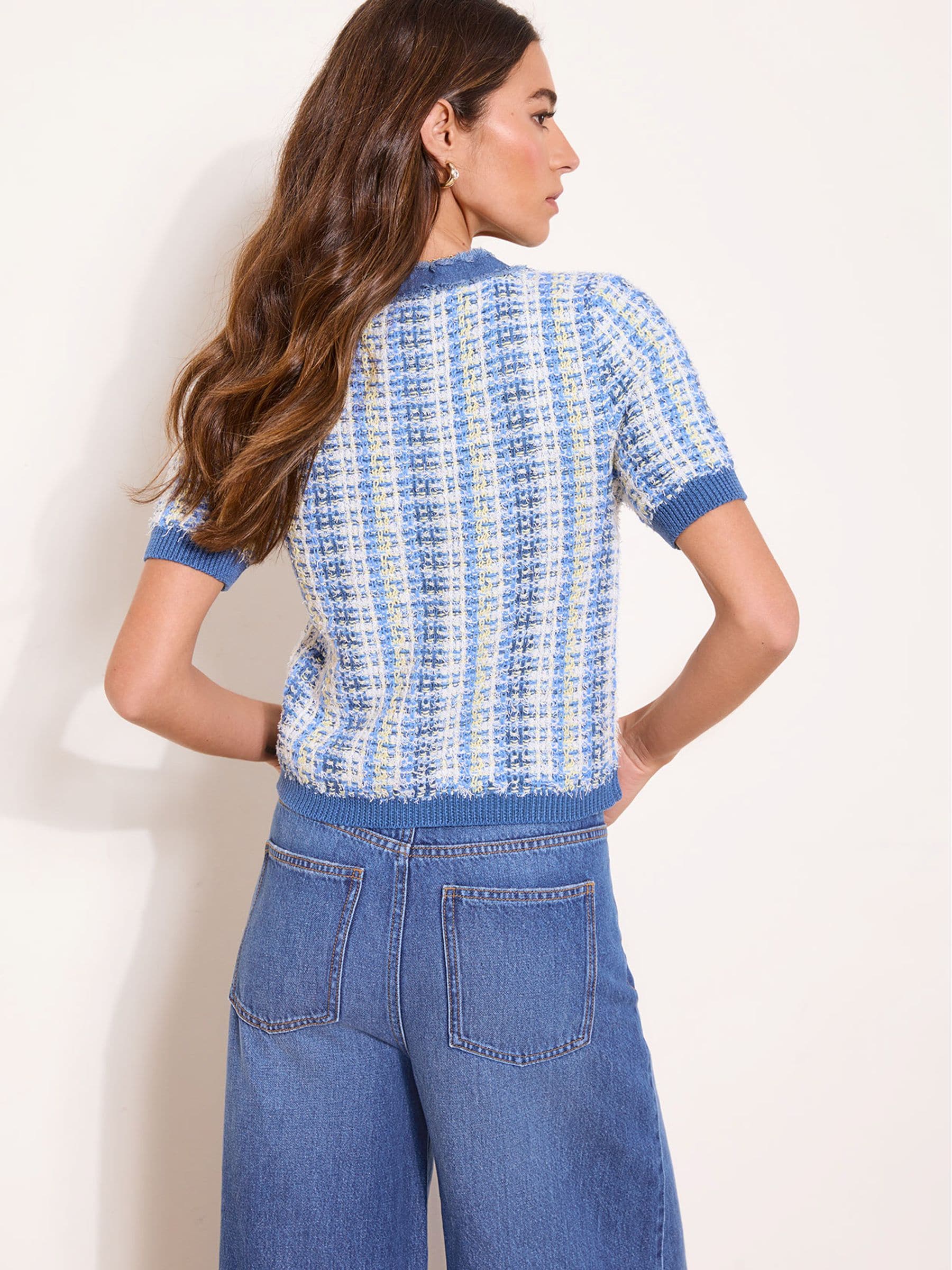 Buy Lipsy Blue V-Neck Denim Tipped Boucle Short Sleeve Cardigan