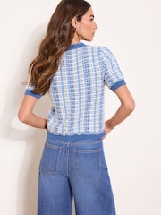 Lipsy Blue V-Neck Denim Tipped Boucle Short Sleeve Cardigan - Image 4 of 4