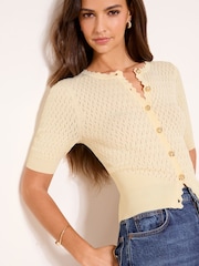 Lipsy Cream Pointelle Stitch Scallop Short Sleeve Cardigan - Image 1 of 4