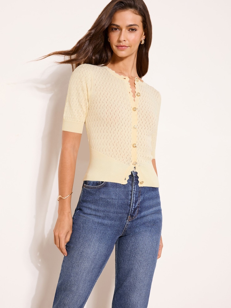 Lipsy Cream Pointelle Stitch Scallop Short Sleeve Cardigan - Image 2 of 4