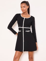 Lipsy Tipped Plaited Trim Detail Scoop Neck Long Sleeve Knitted Mini Dress - Obraz 4 z 4