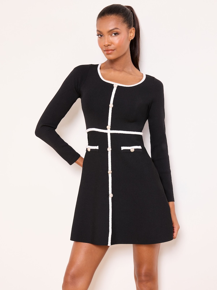 Lipsy Tipped Plaited Trim Detail Scoop Neck Long Sleeve Knitted Mini Dress - Obraz 4 z 4