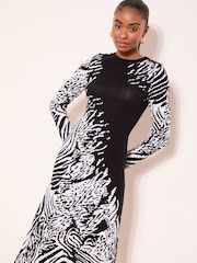 Lipsy Monochrome Animal Petite Printed Buttoned Fit and Flare Long Sleeve Knitted Midi Dress - Image 1 of 4