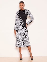 Lipsy Monochrome Animal Petite Printed Buttoned Fit and Flare Long Sleeve Knitted Midi Dress - Image 2 of 4