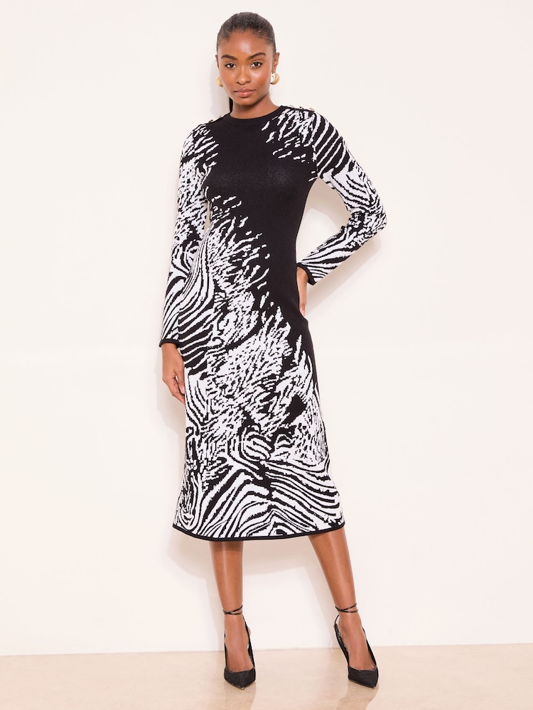 Lipsy Printed Buttoned Fit and Flare Long Sleeve Knitted Midi Dress - Imaginea 2 din 4 Lipsy Printed Buttoned Fit and Flare Long Sleeve Knitted Midi Dress - Imaginea 2 din 4