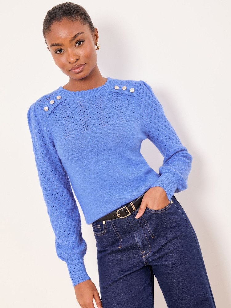 Lipsy Cobalt Blue Buttoned Petite Pointelle Stitch Long Sleeve Crew Neck Knit Jumper - Image 2 of 4 Lipsy Cobalt Blue Buttoned Petite Pointelle Stitch Long Sleeve Crew Neck Knit Jumper - Image 2 of 4