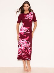 Lipsy Burgundy Red Petite Floral Print Short Sleeve Midi Knit Dress - Image 1 of 4