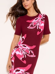 Lipsy Burgundy Red Petite Floral Print Short Sleeve Midi Knit Dress - Image 2 of 4
