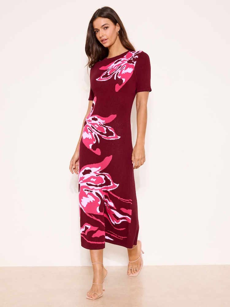 Womens Lipsy Burgundy Red Petite Floral Print Short Sleeve Midi Knit Dress US 8 Womens Lipsy Burgundy Red Petite Floral Print Short Sleeve Midi Knit Dress US 8