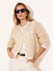 Lipsy Cream Petite Mesh Pattern Detail Long Sleeve Knitted Cardigan - Image 1 of 5