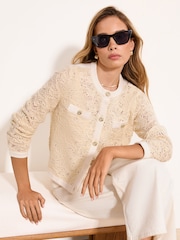 Lipsy Cream Petite Mesh Pattern Detail Long Sleeve Knitted Cardigan - Image 4 of 5