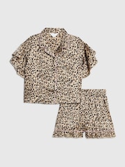 River Island Brown Girls Leopard Print Satin Short Pyjamas - Image 1 of 5