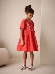 Red Embroidered Short Sleeve Button Through Dress (3-16yrs) - Image 1 of 8