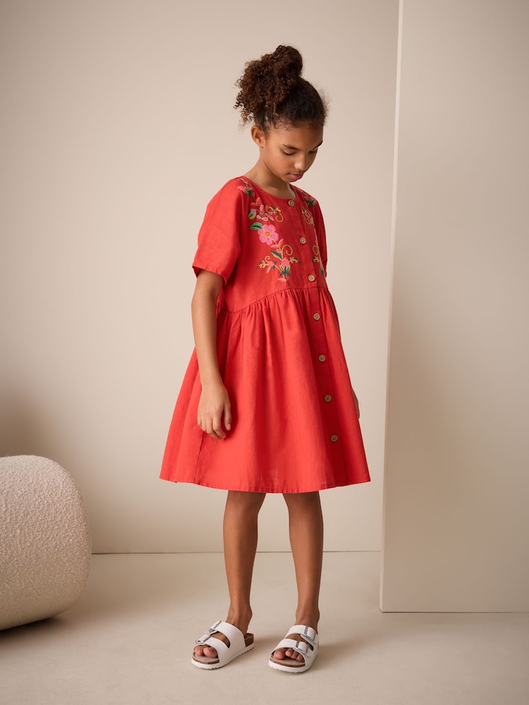 Red Embroidered Short Sleeve Button Through Dress (3-16yrs) - Image 1 of 8