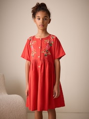 Red Embroidered Short Sleeve Button Through Dress (3-16yrs) - Image 3 of 8