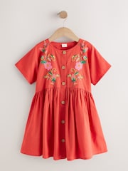 Red Embroidered Short Sleeve Button Through Dress (3-16yrs) - Image 4 of 8