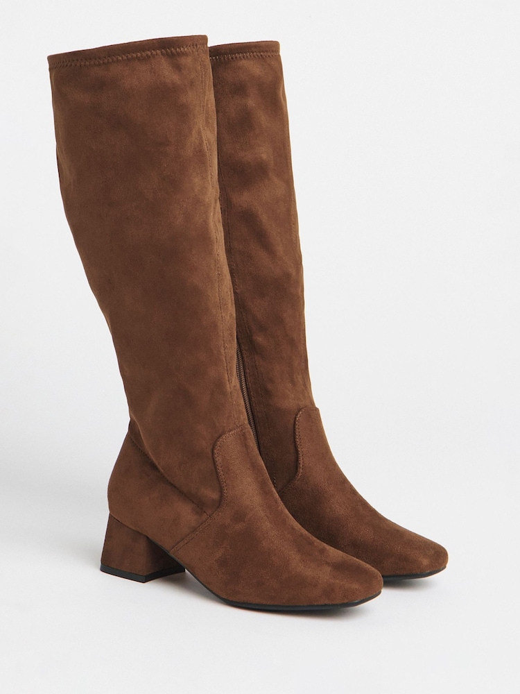 JD Williams Brown Extra Wide Fit Low Block Heel Knee High Sock Boots In Standard Calf - Image 1 of 3