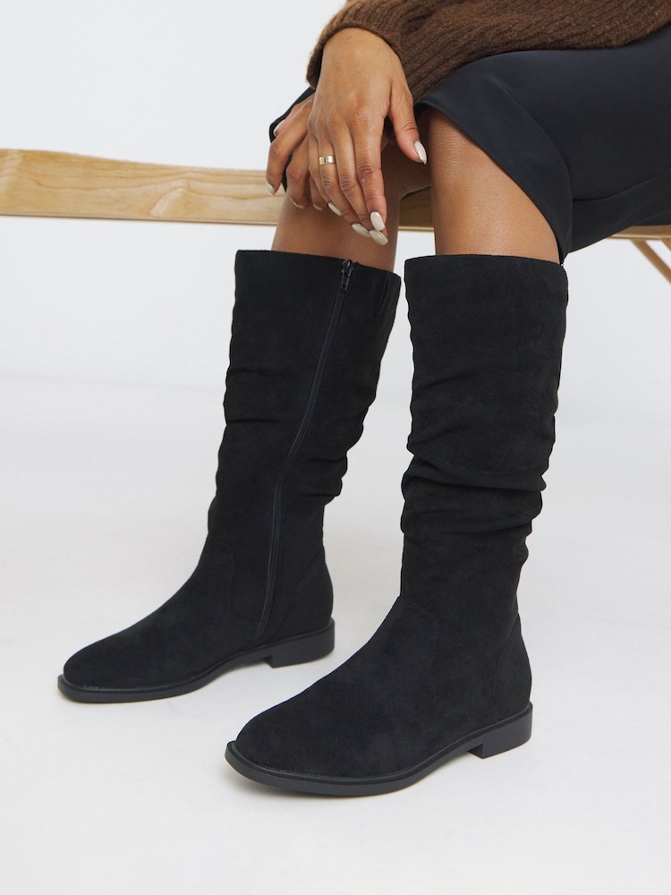 JD Williams Black Extra Wide Fit Knee High Ruched Boots In Standard Calf - Image 1 of 4