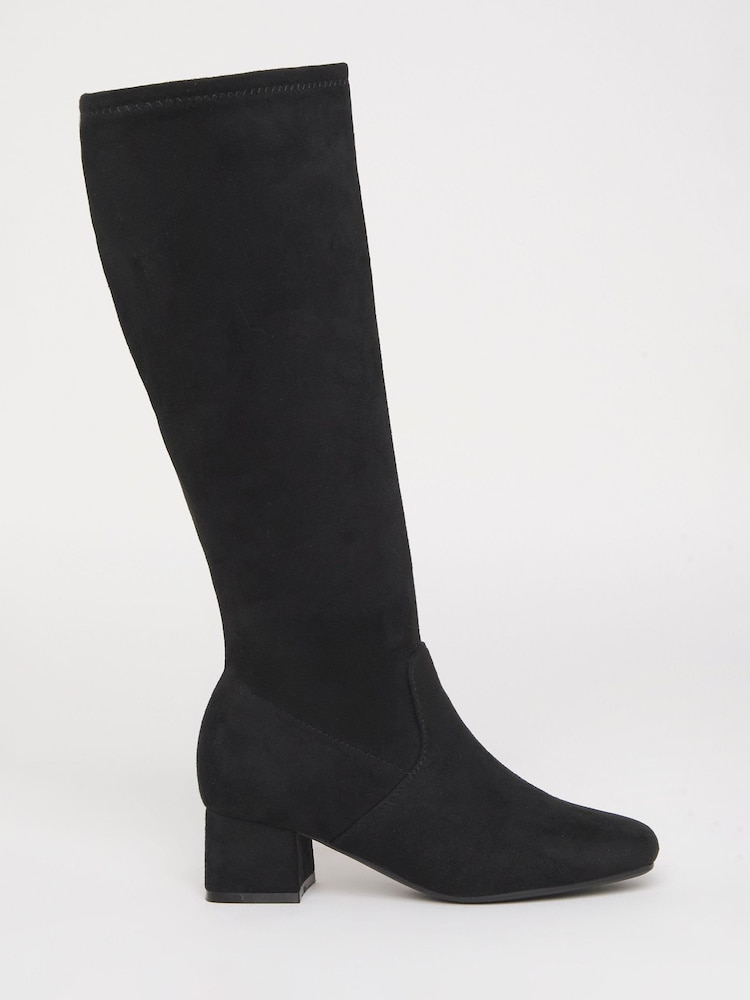JD Williams Black Extra Wide Fit Low Block Heel Knee High Sock Boots In Curvy Calf - Image 1 of 4