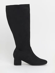 JD Williams Black Extra Wide Fit Low Block Heel Knee High Sock Boots In Curvy Calf - Image 2 of 4