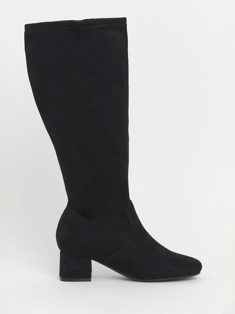 JD Williams Black Extra Wide Fit Low Block Heel Knee High Sock Boots In Curvy Calf - Image 2 of 4