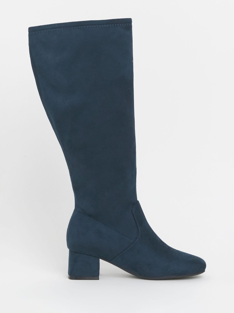 JD Williams Blue Extra Wide Fit Low Block Heel Knee High Sock Boots In Standard Calf - Image 2 of 4