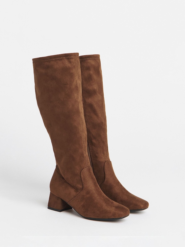 JD Williams Brown Extra Wide Fit Low Block Heel Knee High Sock Boots In Curvy Calf - Image 1 of 3 JD Williams Brown Extra Wide Fit Low Block Heel Knee High Sock Boots In Curvy Calf - Image 1 of 3