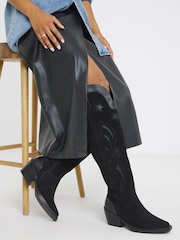 JD Williams Black Extra Wide Fit Knee High Real Suede Westen Boots In Curvy Calf - Image 1 of 4