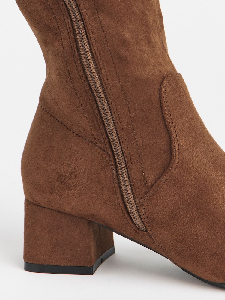 JD Williams Brown Wide Fit Low Block Heel Knee High Sock Boots In Curvy Calf - Image 2 of 3